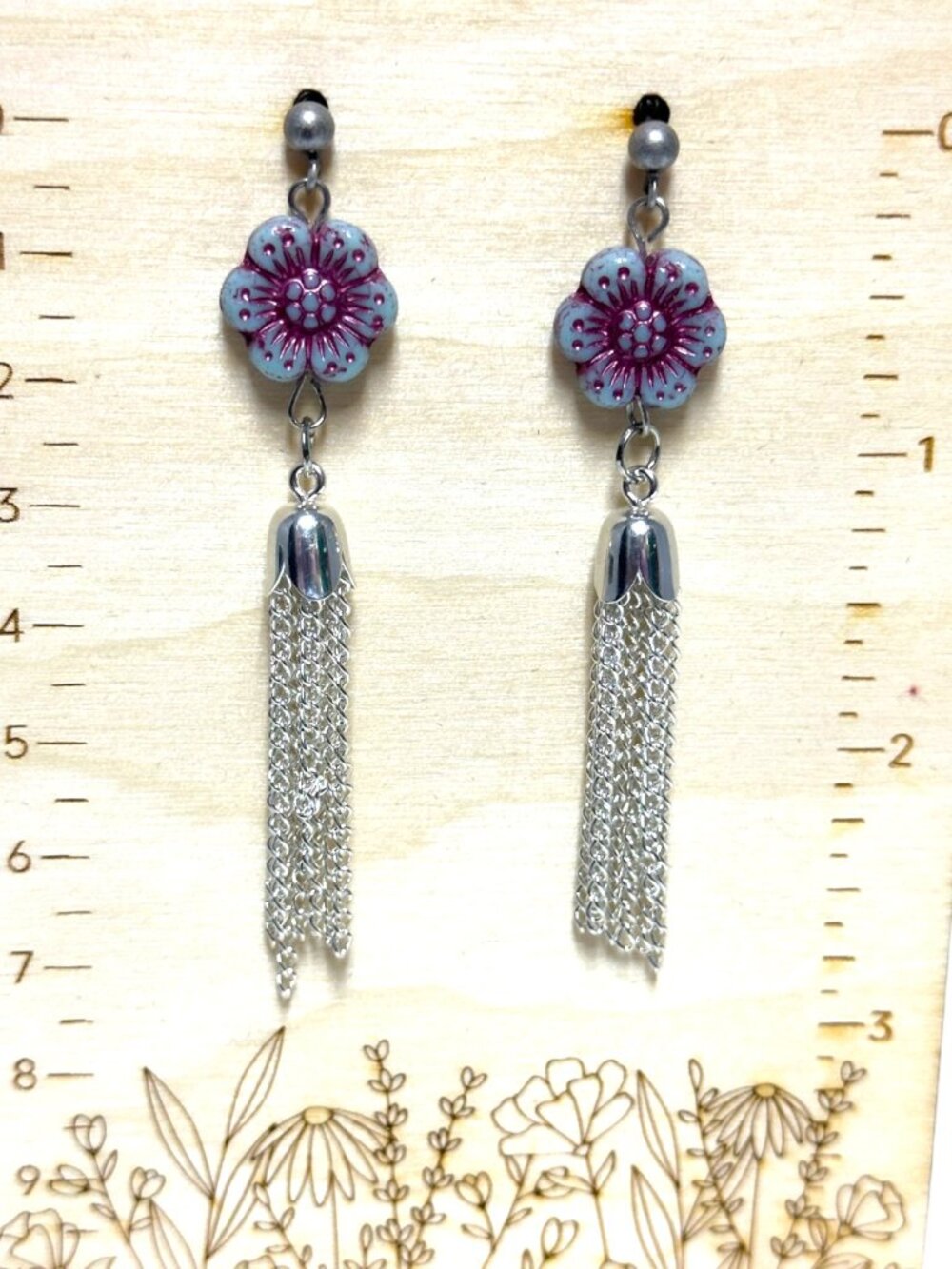 Silver Tassel Earrings Czech Glass Flower Floral Dangle Stainless Steel - Picture 5 of 9